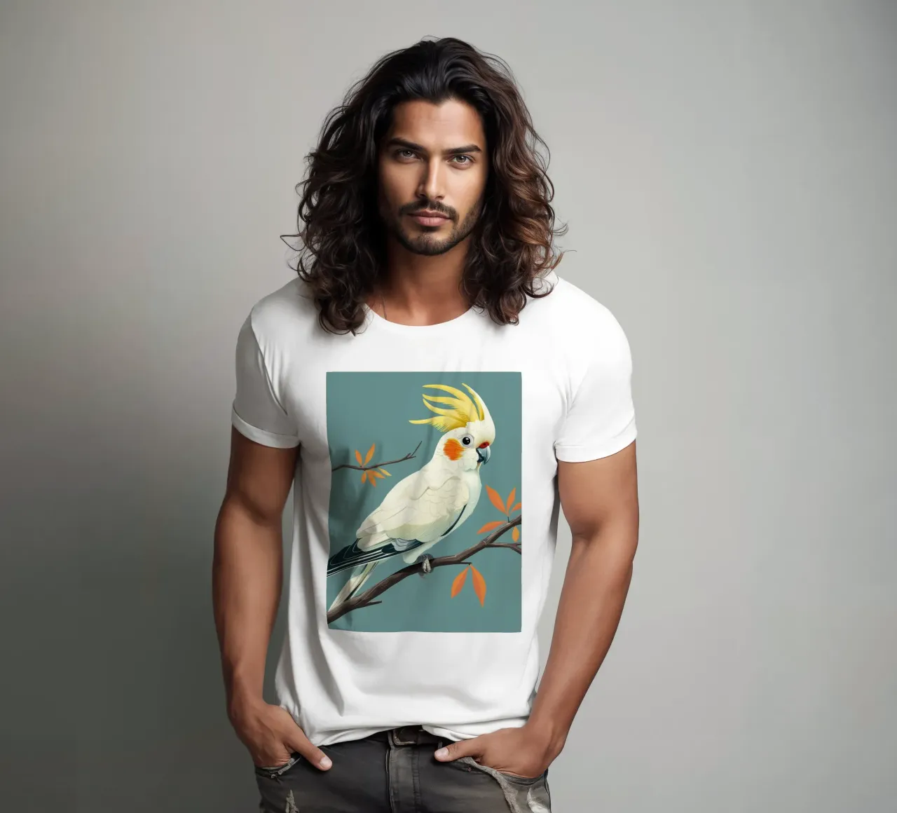 Cacatua dal ciuffo sulfureo su un ramo con foglie d'autunno t-shirt da DesignDoodle