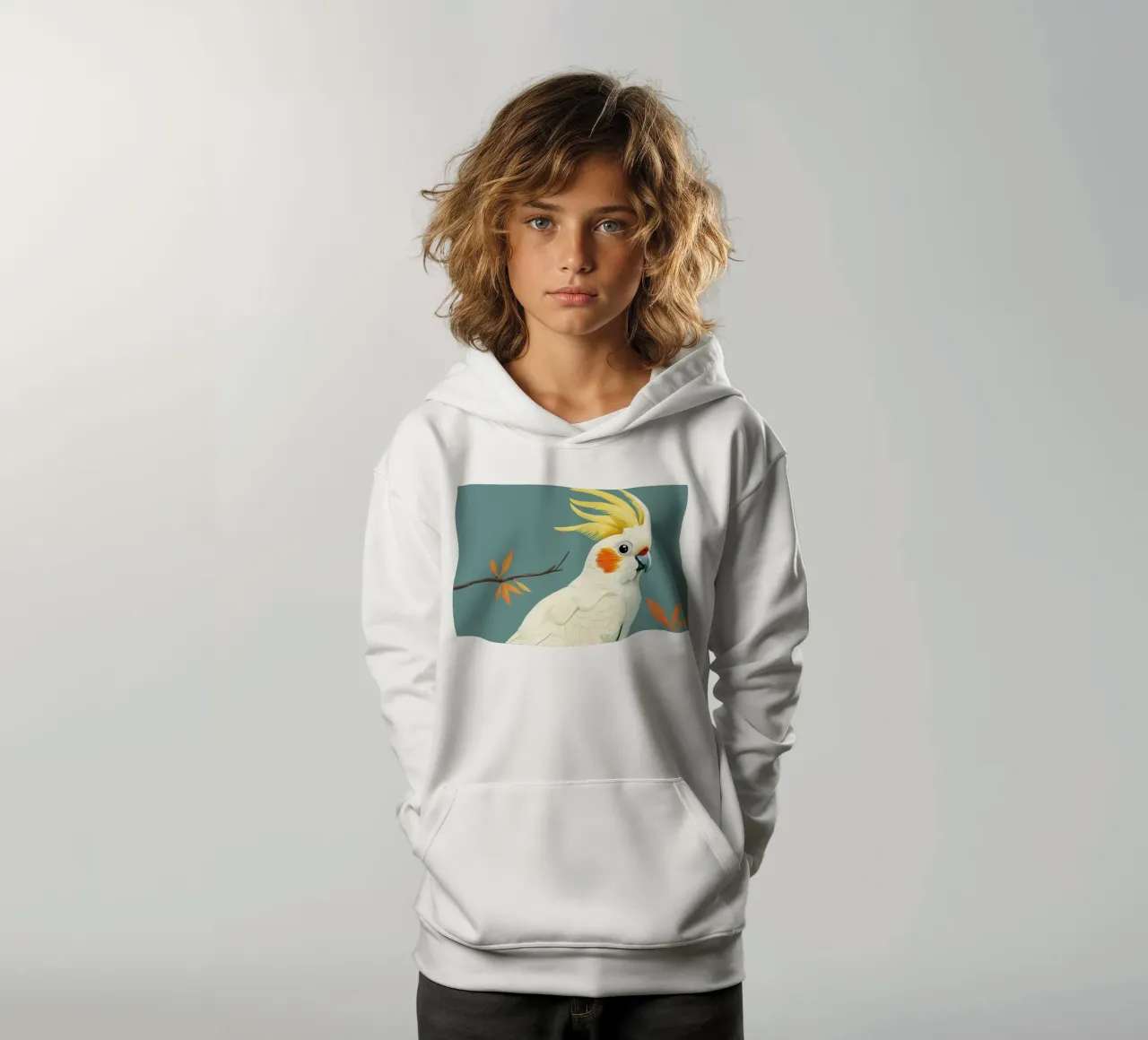 Cacatua dal ciuffo sulfureo su un ramo con foglie d'autunno felpa bambino con cappuccio da DesignDoodle