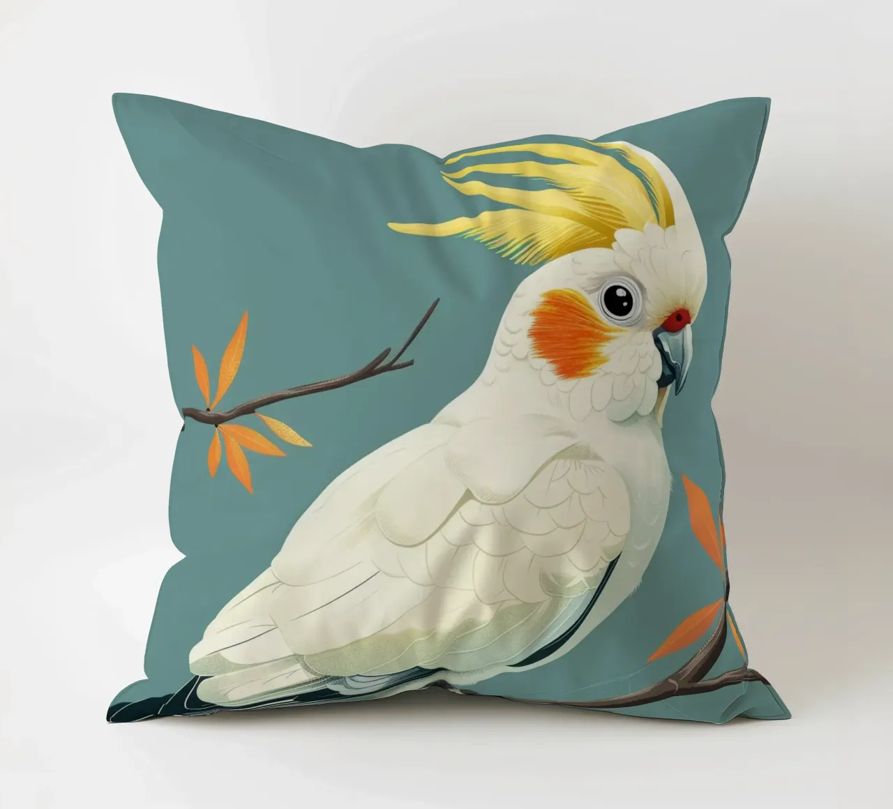 Cacatua dal ciuffo sulfureo su un ramo con foglie d'autunno cuscino da DesignDoodle