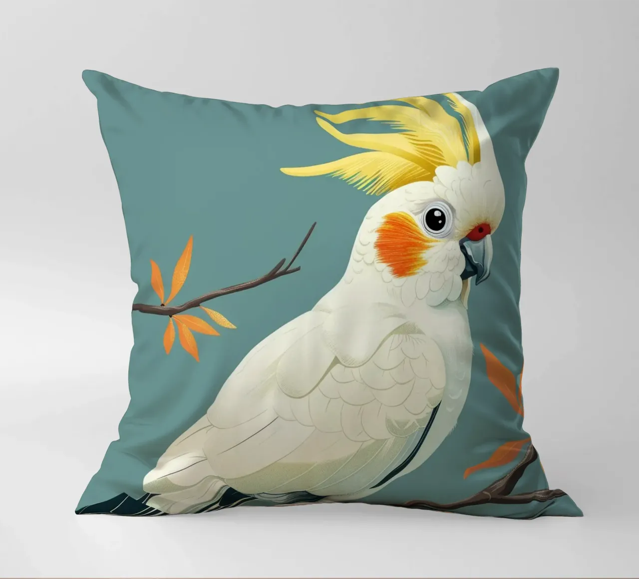 Cacatua dal ciuffo sulfureo su un ramo con foglie d'autunno cuscino da DesignDoodle