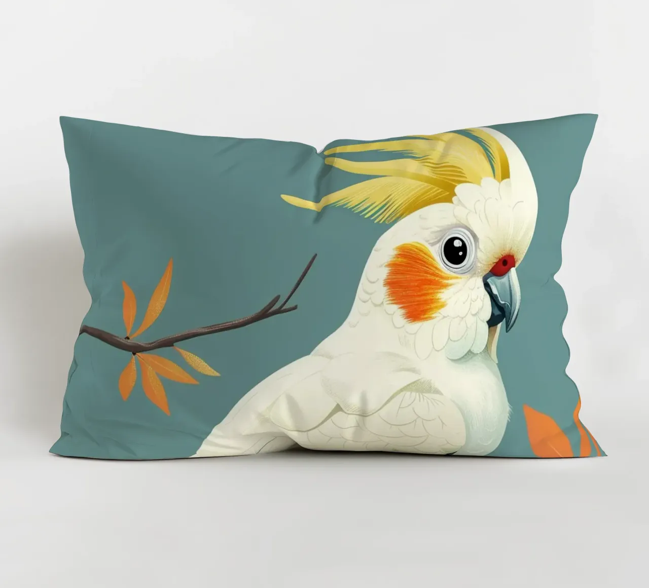 Cacatua dal ciuffo sulfureo su un ramo con foglie d'autunno cuscino da DesignDoodle