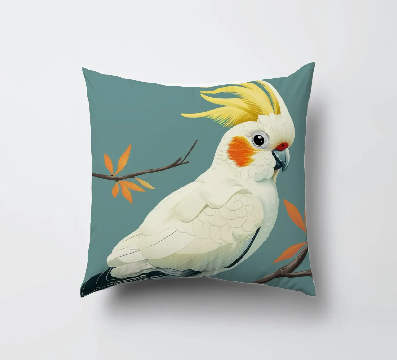 Cacatua dal ciuffo sulfureo su un ramo con foglie d'autunno cuscino da DesignDoodle