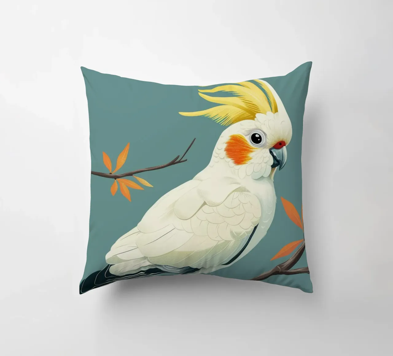 Cacatua dal ciuffo sulfureo su un ramo con foglie d'autunno cuscino da DesignDoodle