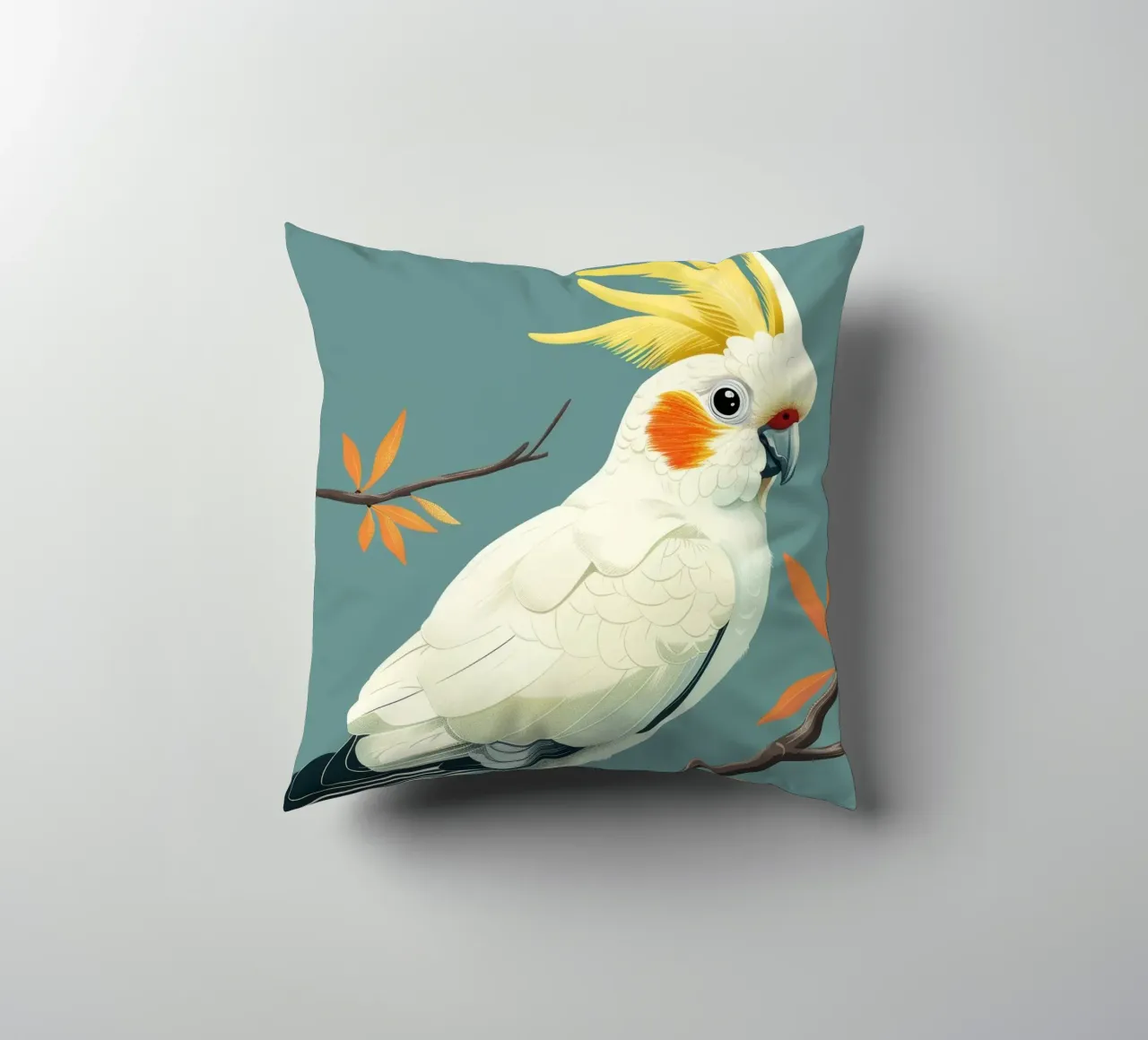 Cacatua dal ciuffo sulfureo su un ramo con foglie d'autunno cuscino da DesignDoodle