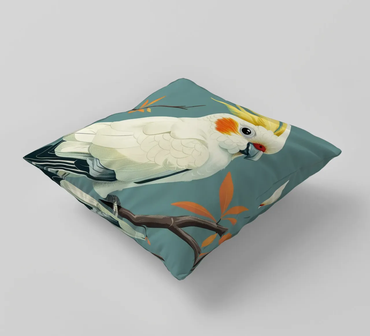 Cacatua dal ciuffo sulfureo su un ramo con foglie d'autunno cuscino da DesignDoodle
