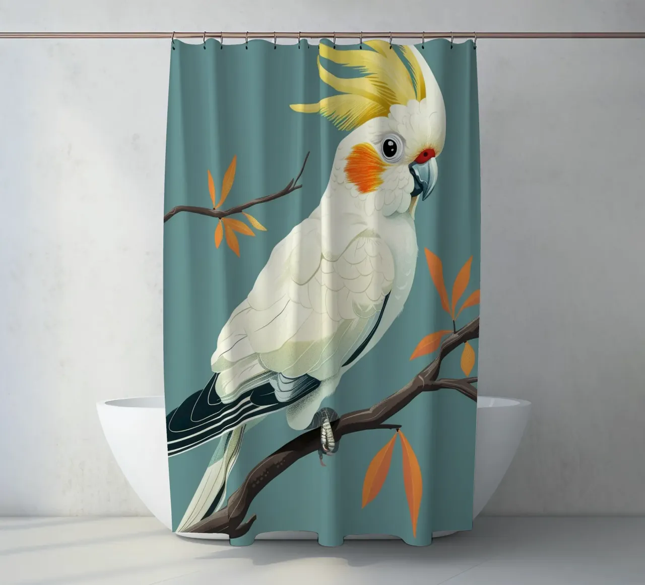 Cacatua dal ciuffo sulfureo su un ramo con foglie d'autunno tenda da doccia da DesignDoodle
