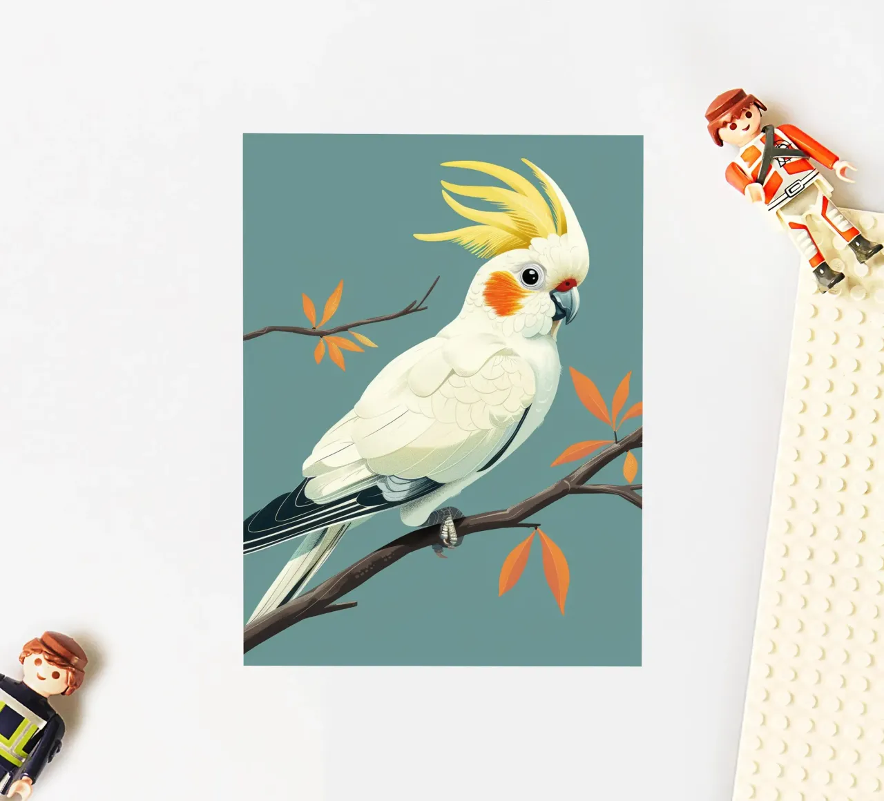 Cacatoès à aigrettes sur une branche avec des feuilles d'automne autocollant de DesignDoodle