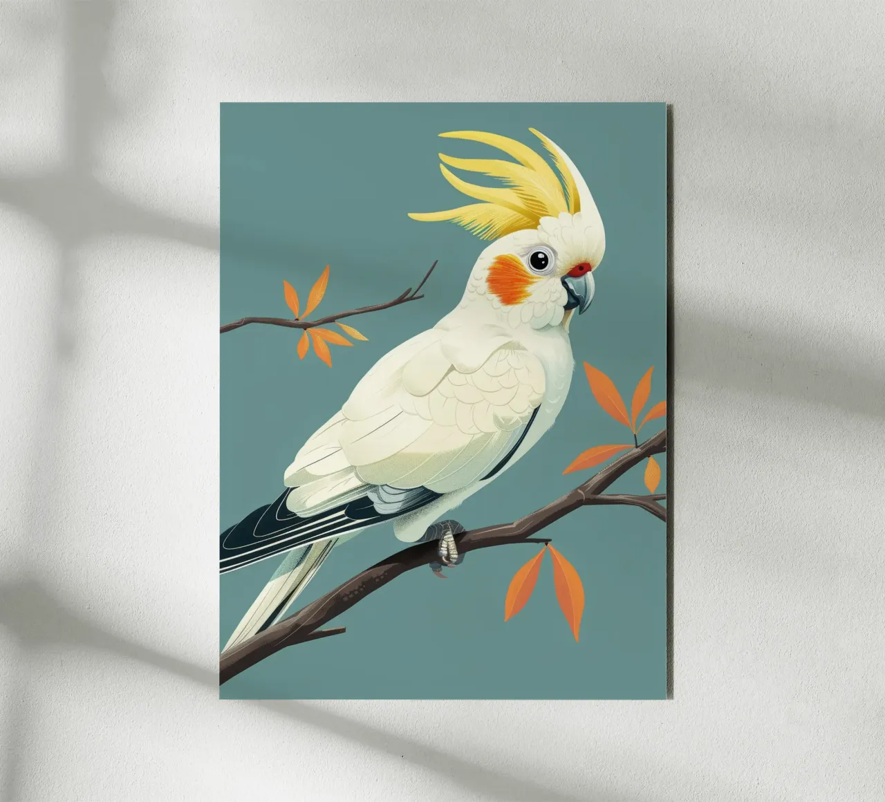 Cacatua dal ciuffo sulfureo su un ramo con foglie d'autunno alluminio dibond da DesignDoodle