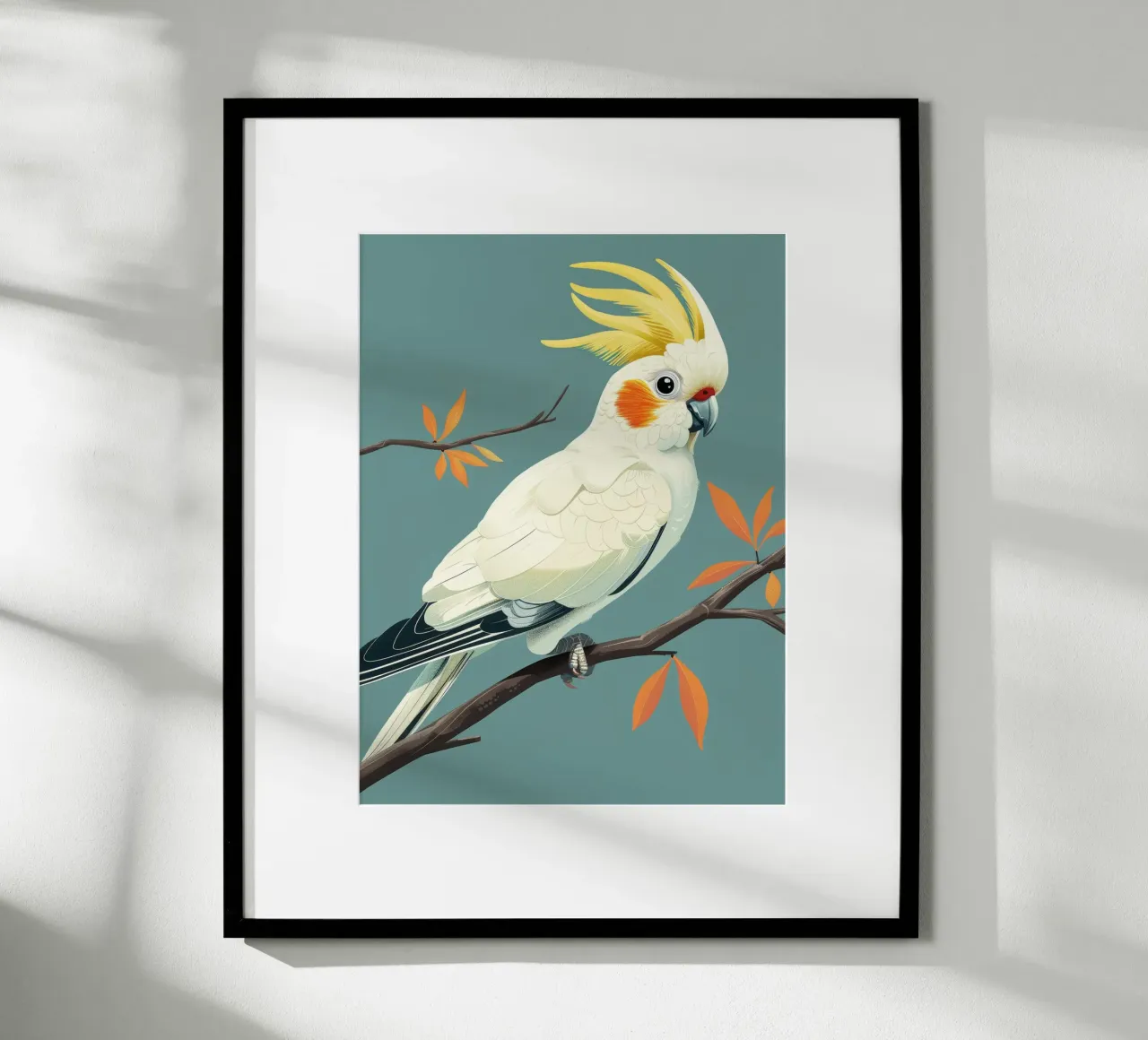 Cacatoès à aigrettes sur une branche avec des feuilles d'automne poster de DesignDoodle