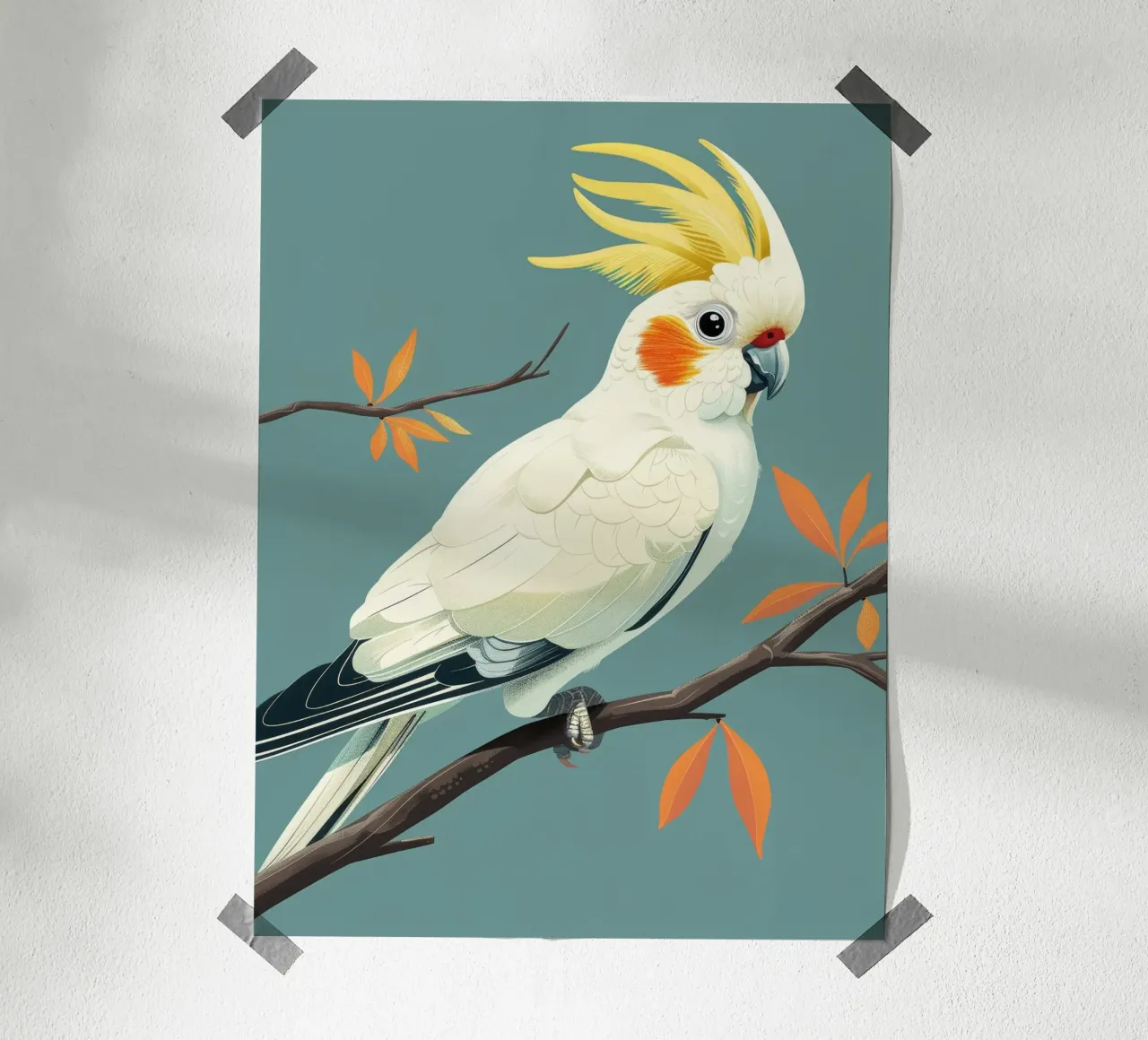 Cacatoès à aigrettes sur une branche avec des feuilles d'automne poster de DesignDoodle