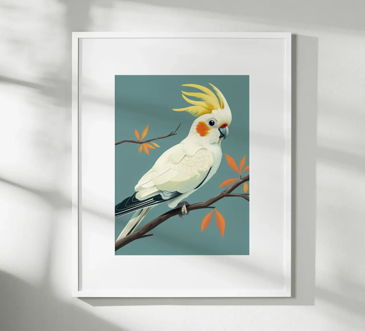 Cacatua dal ciuffo sulfureo su un ramo con foglie d'autunno carta hahnemühle da DesignDoodle