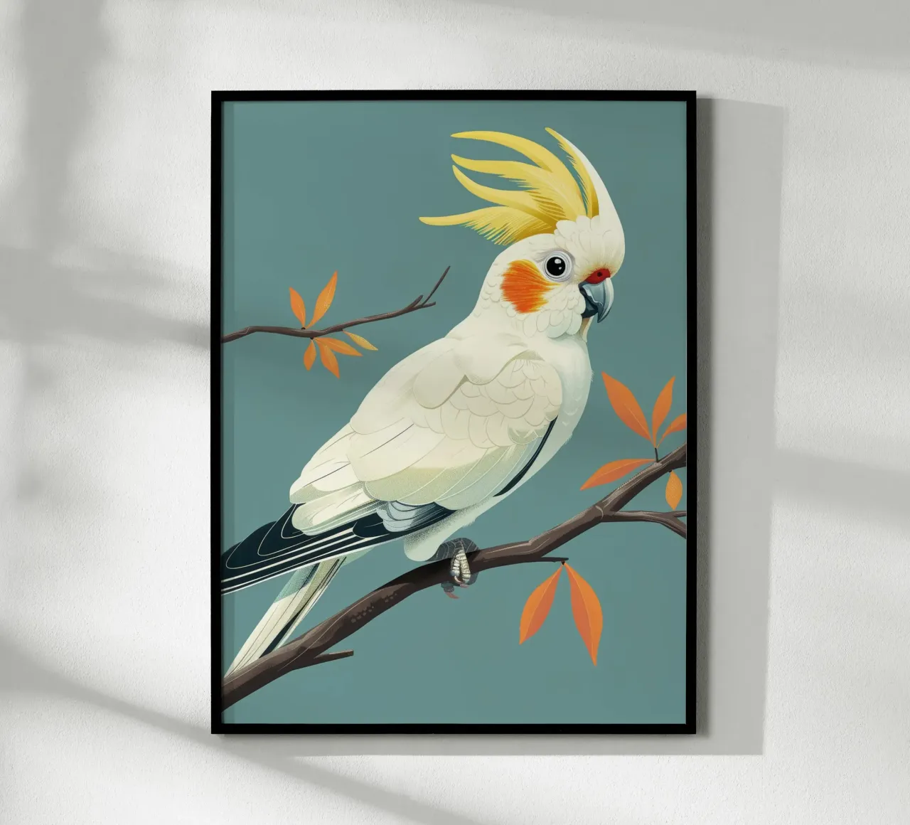 Cacatoès à aigrettes sur une branche avec des feuilles d'automne poster de DesignDoodle