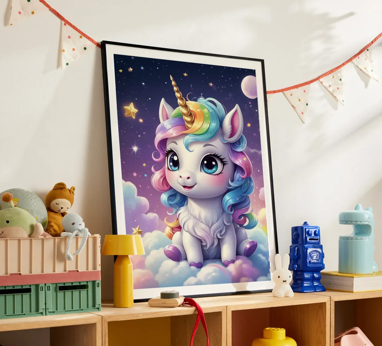 Unicorno carino poster con telaio in legno da Cute Art
