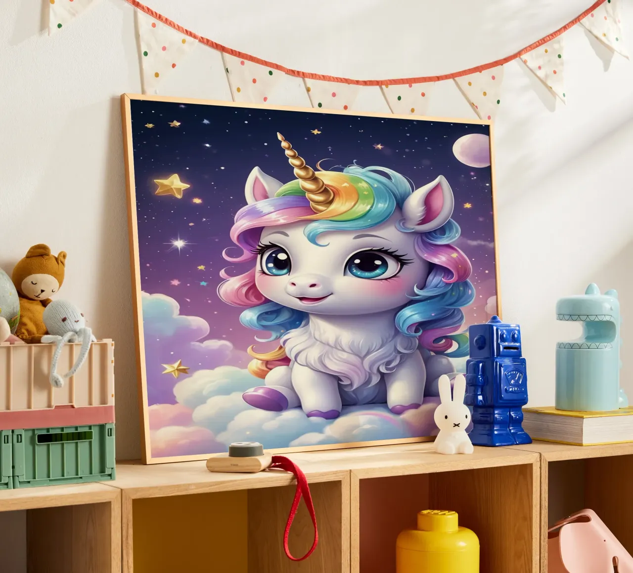 Unicorno carino poster con telaio in legno da Cute Art