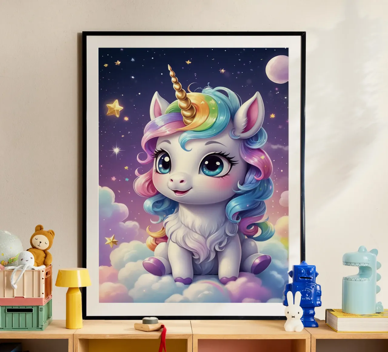 Unicorno carino poster con telaio in legno da Cute Art