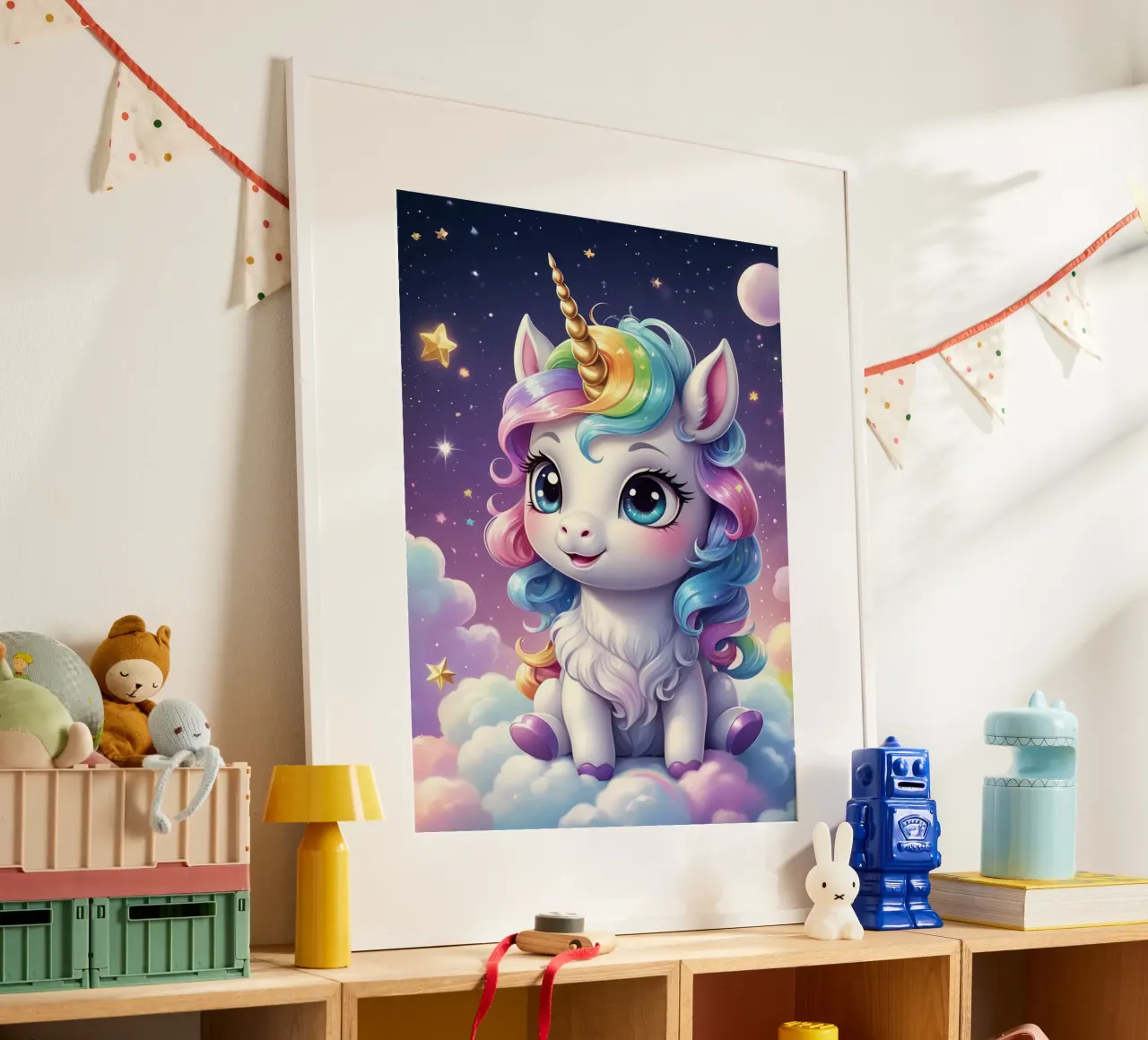 Unicorno carino poster con telaio in legno da Cute Art