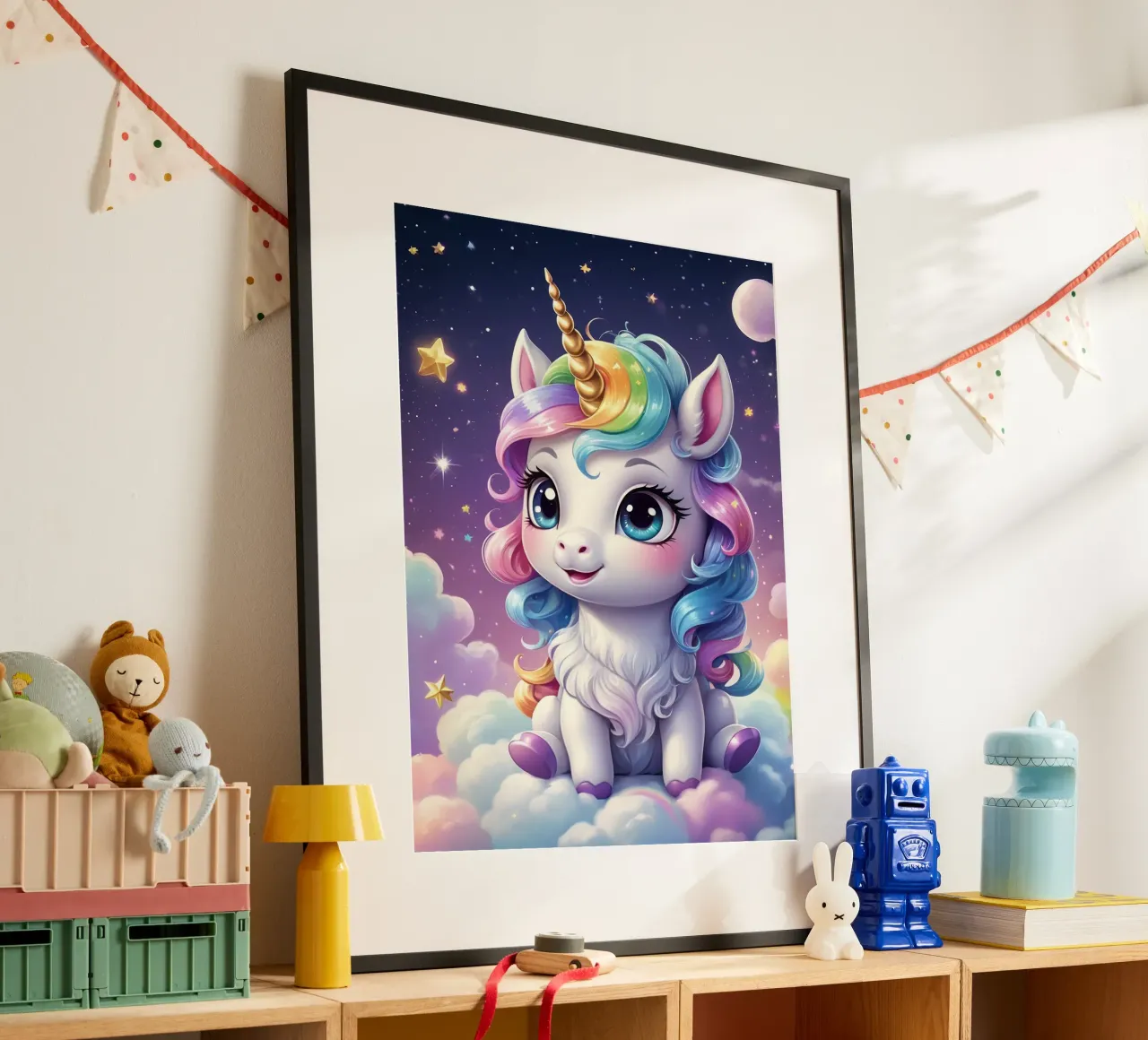 Unicorno carino poster con telaio in legno da Cute Art