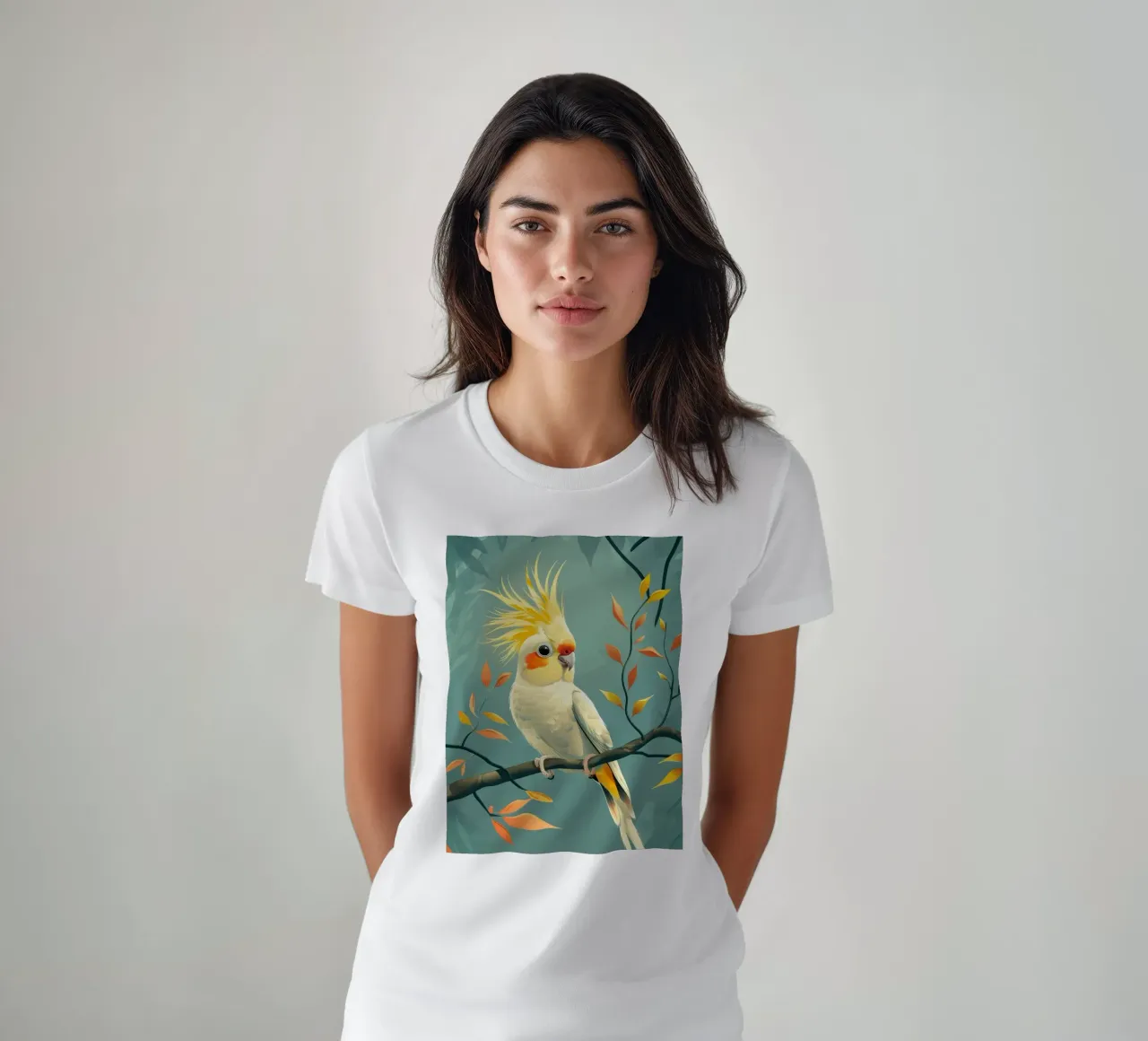 Cacatoès jaune pâle sur une branche au feuillage automnal t-shirt de DesignDoodle