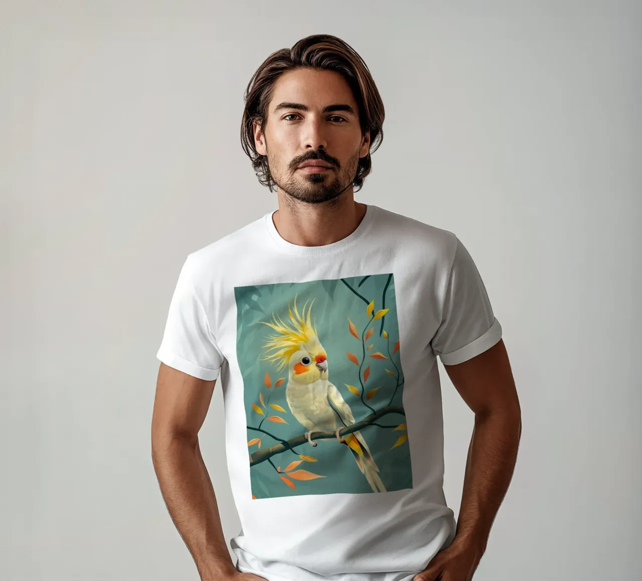 Cacatoès jaune pâle sur une branche au feuillage automnal t-shirt de DesignDoodle