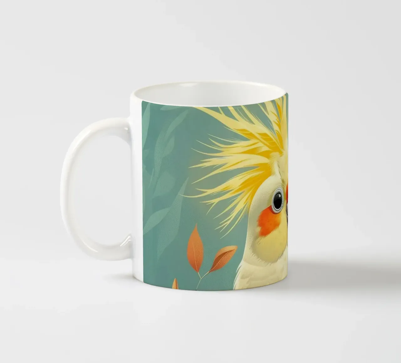 Cacatua giallo pallido su un ramo con fogliame autunnale tazza in ceramica da DesignDoodle