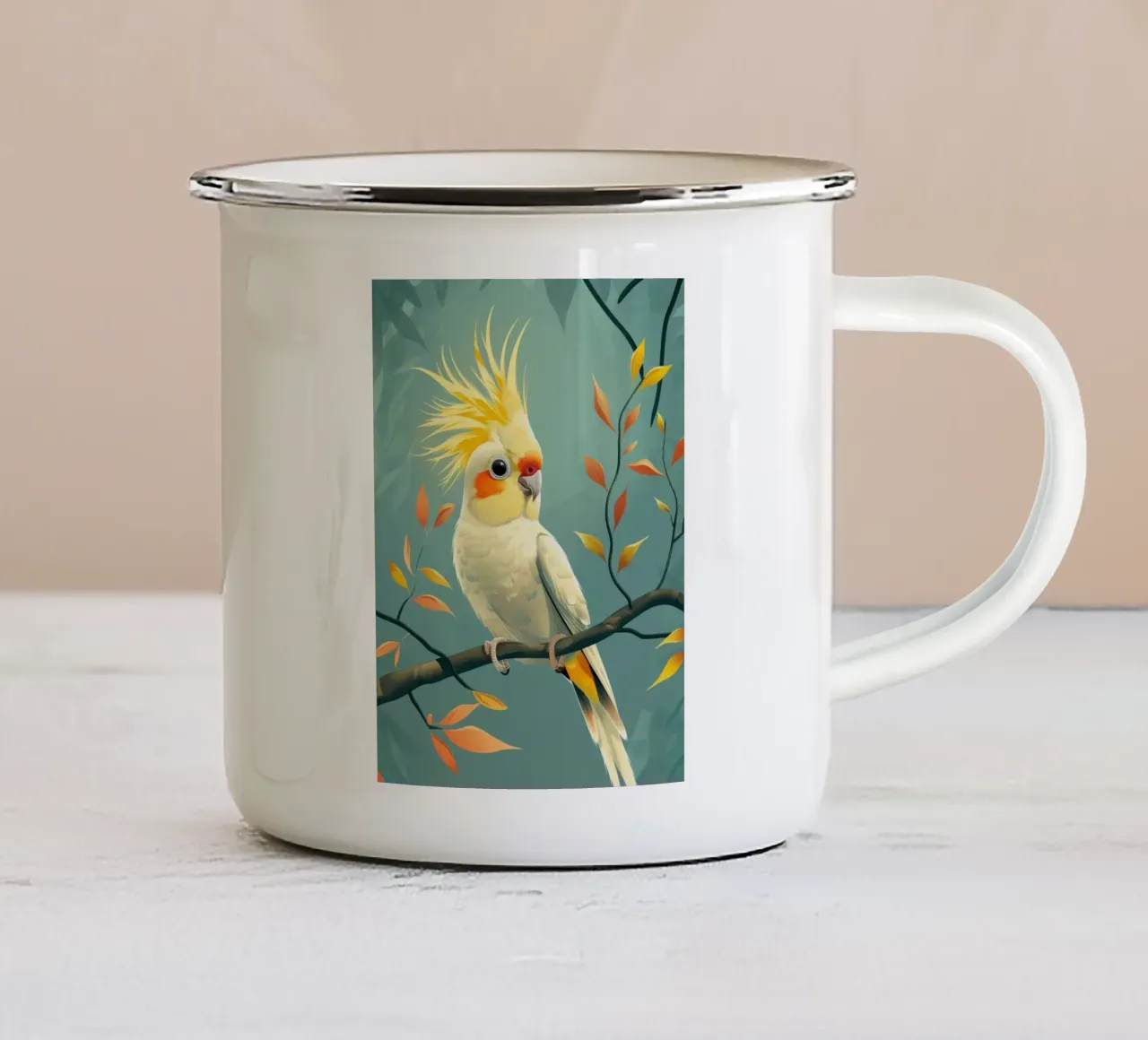 Cacatua giallo pallido su un ramo con fogliame autunnale tazza in smalto da DesignDoodle