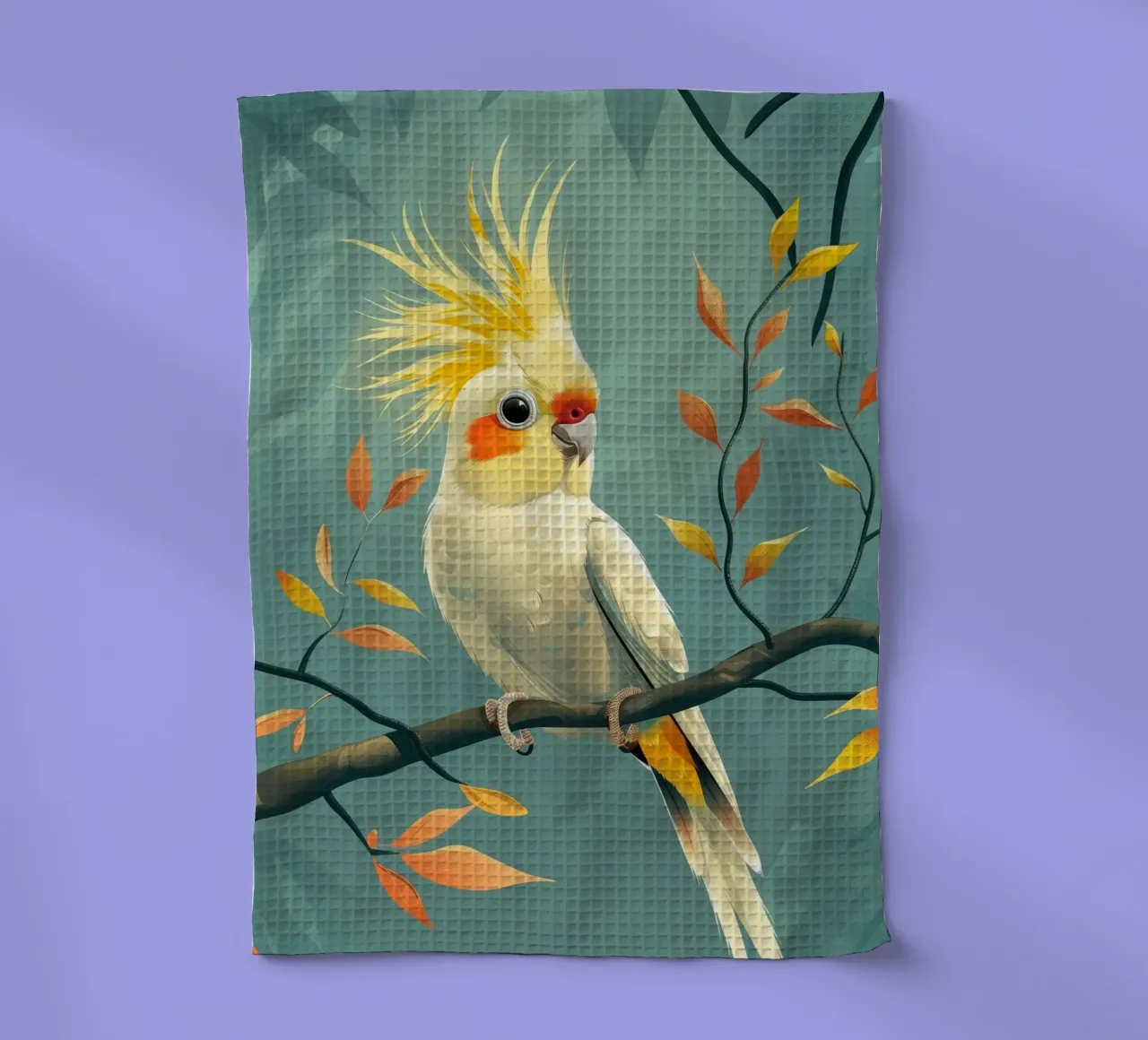 Cacatoès jaune pâle sur une branche au feuillage automnal torchon de DesignDoodle