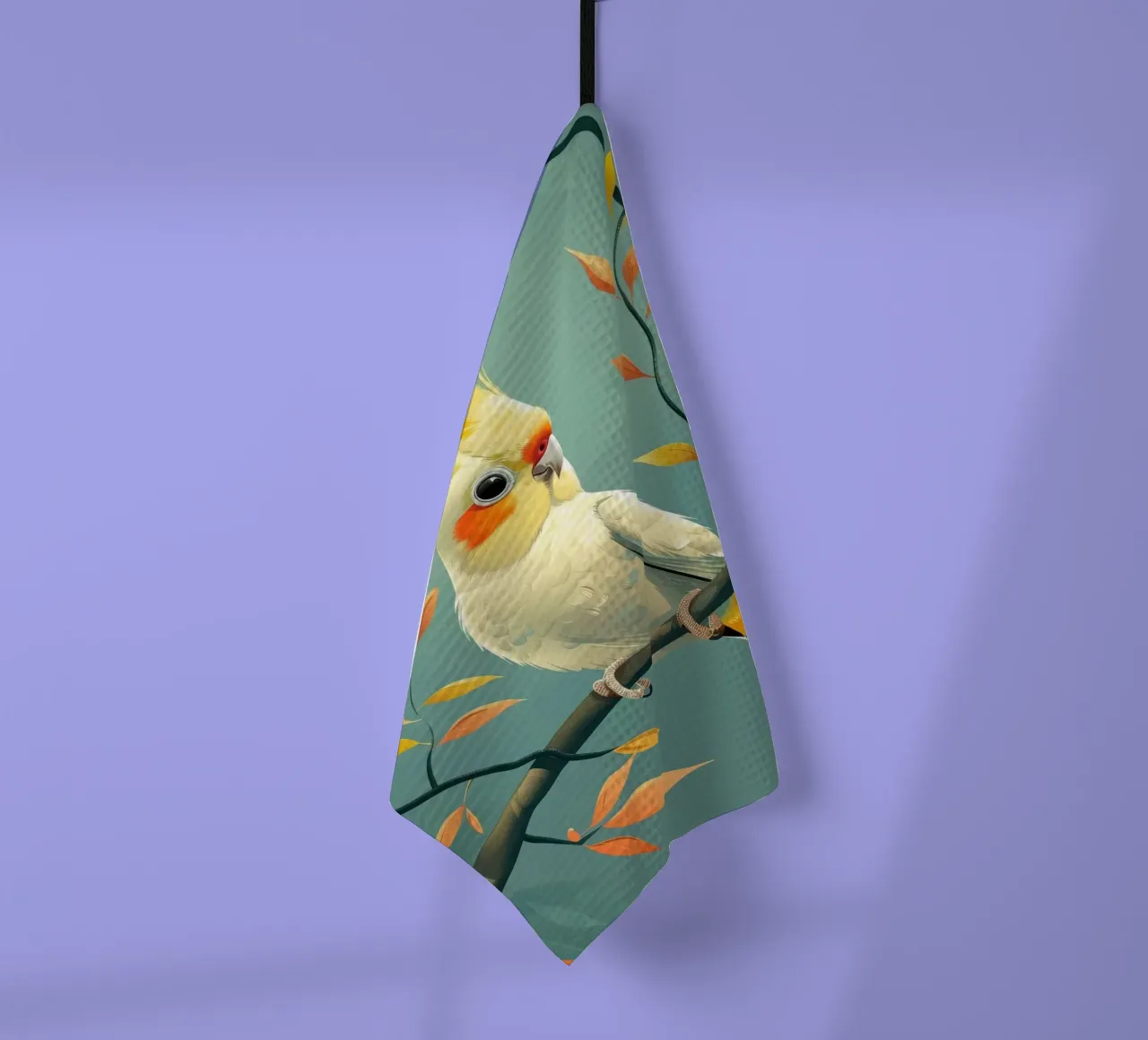 Cacatoès jaune pâle sur une branche au feuillage automnal torchon de DesignDoodle