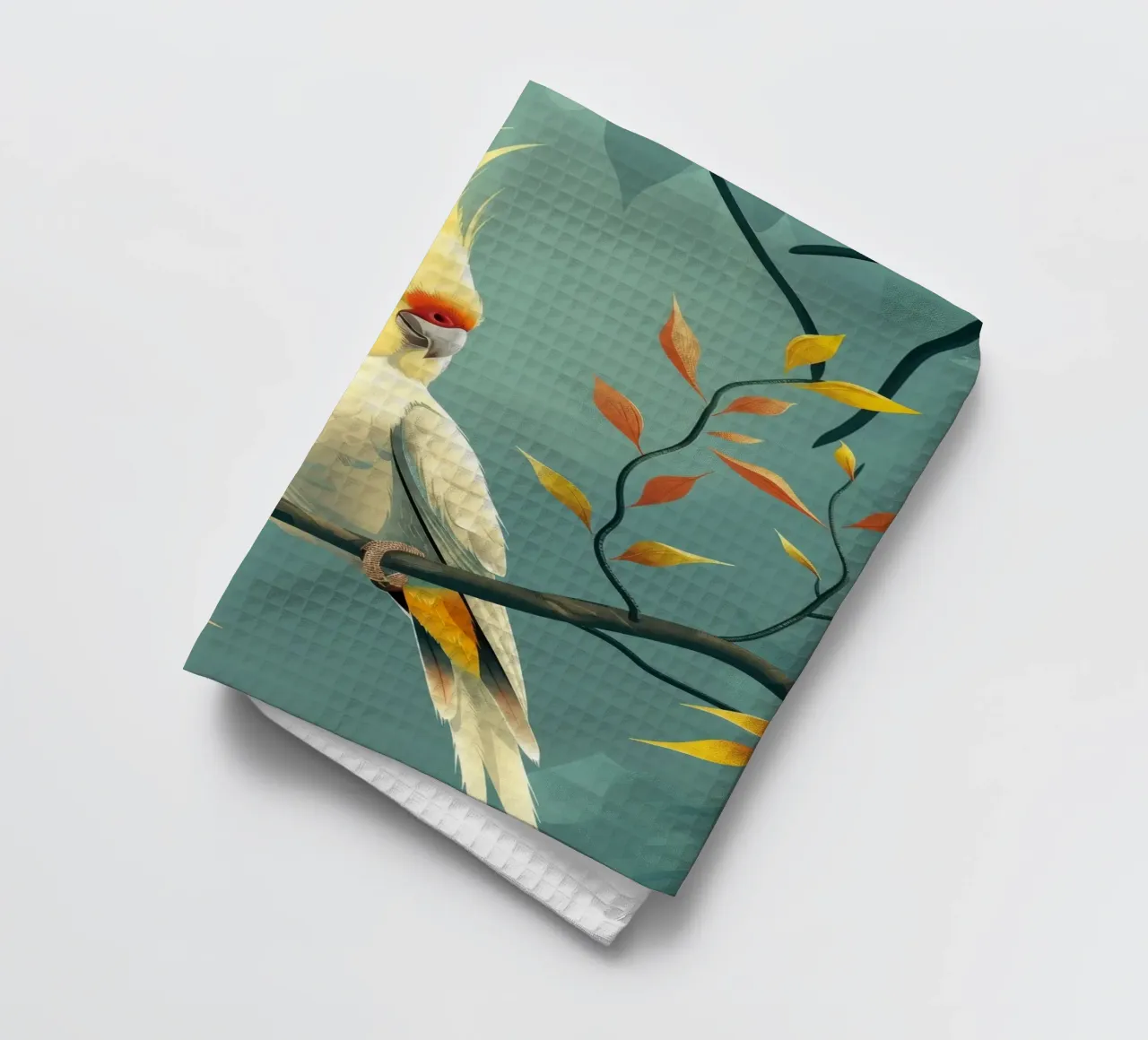 Cacatoès jaune pâle sur une branche au feuillage automnal torchon de DesignDoodle