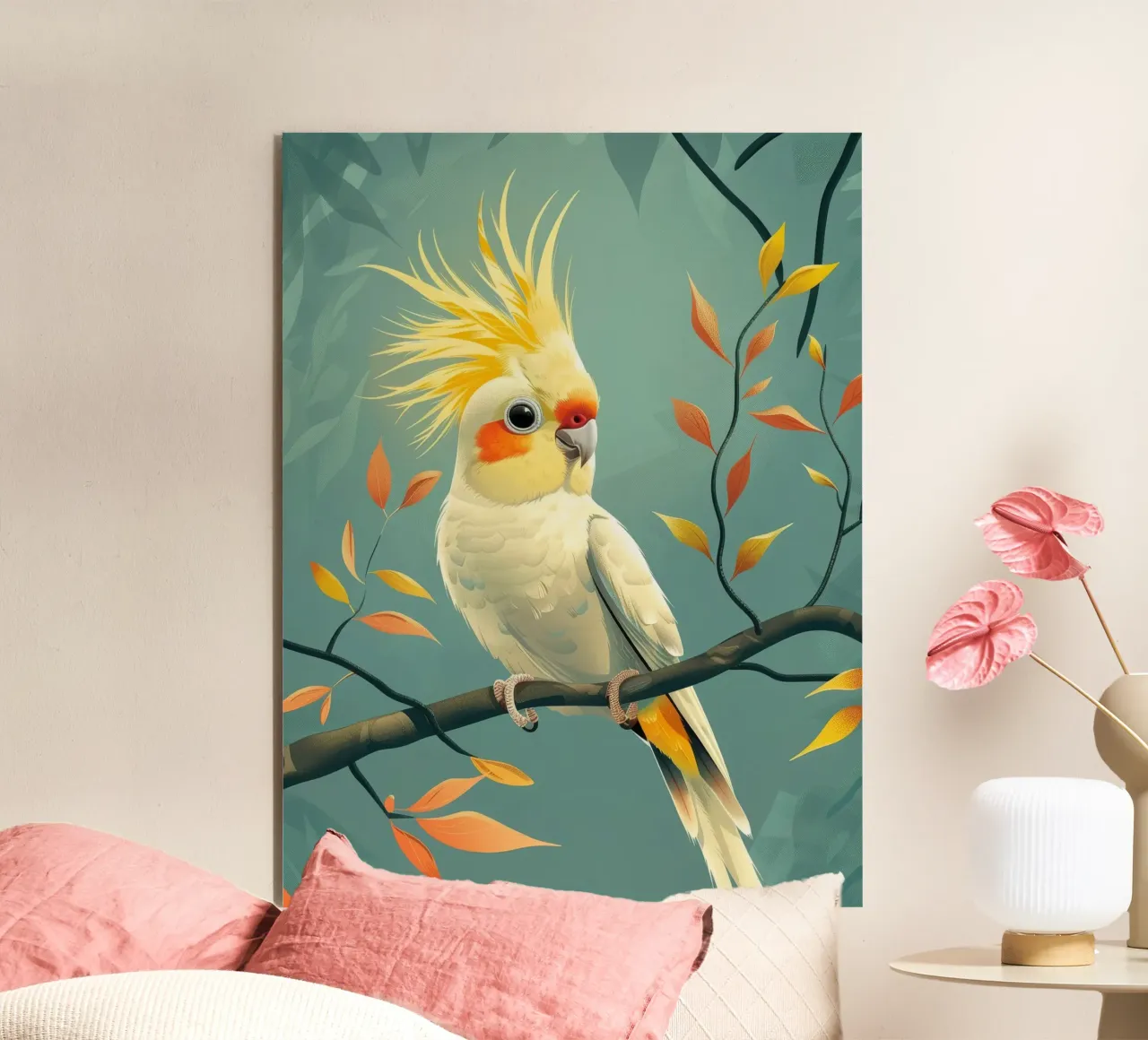 Pale Yellow Cockatoo on a Branch with Autumnal Foliage forex plate by DesignDoodle