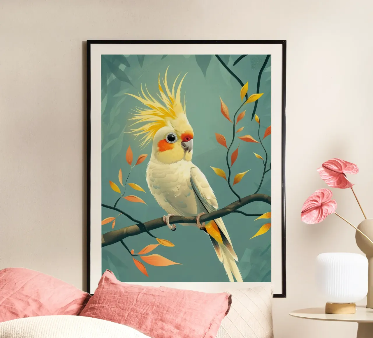 Cacatua giallo pallido su un ramo con fogliame autunnale poster da DesignDoodle