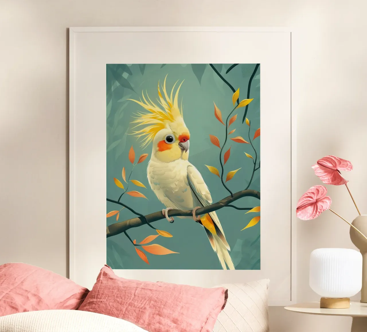 Cacatua giallo pallido su un ramo con fogliame autunnale poster da DesignDoodle