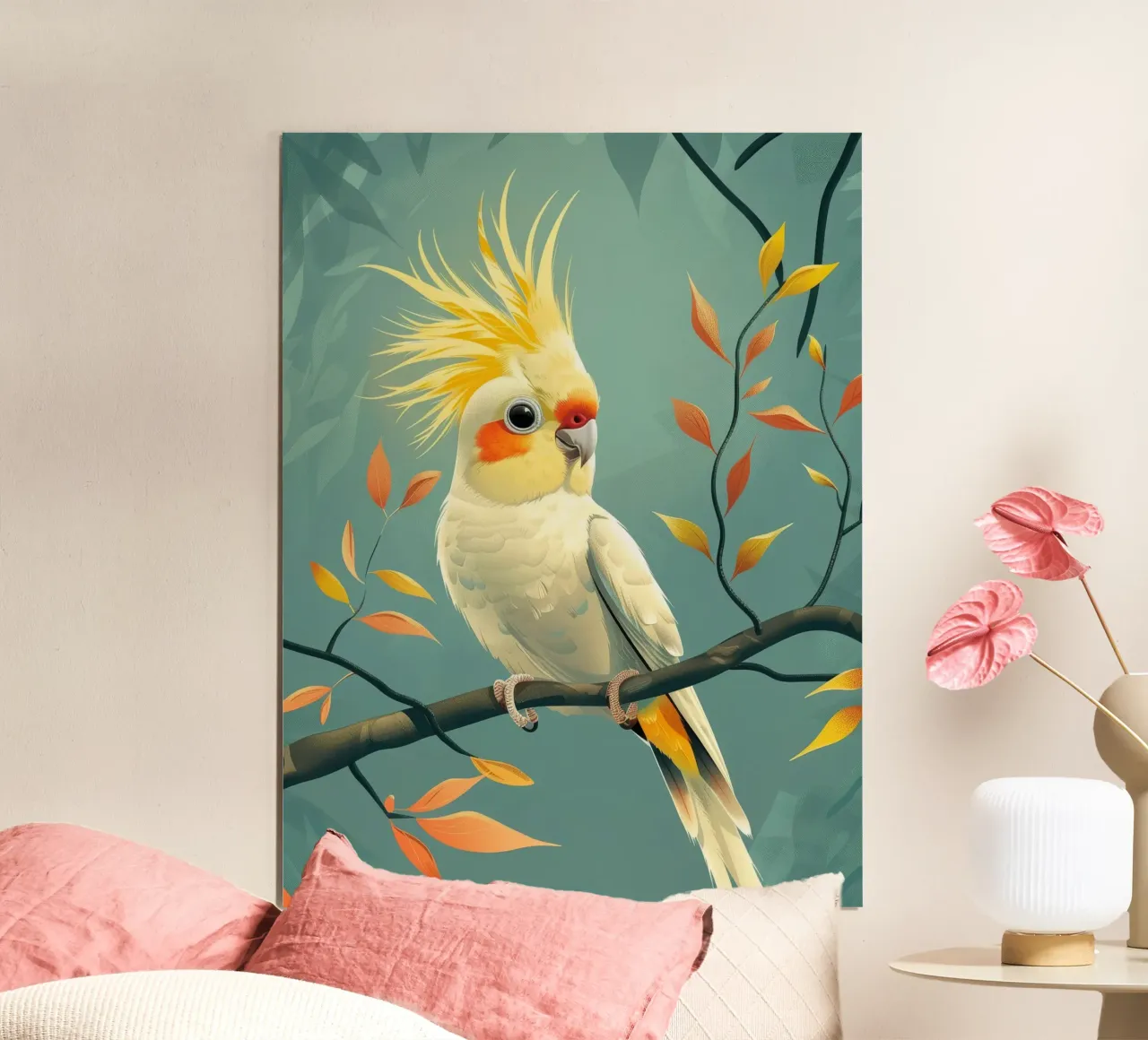 Cacatua giallo pallido su un ramo con fogliame autunnale poster da DesignDoodle