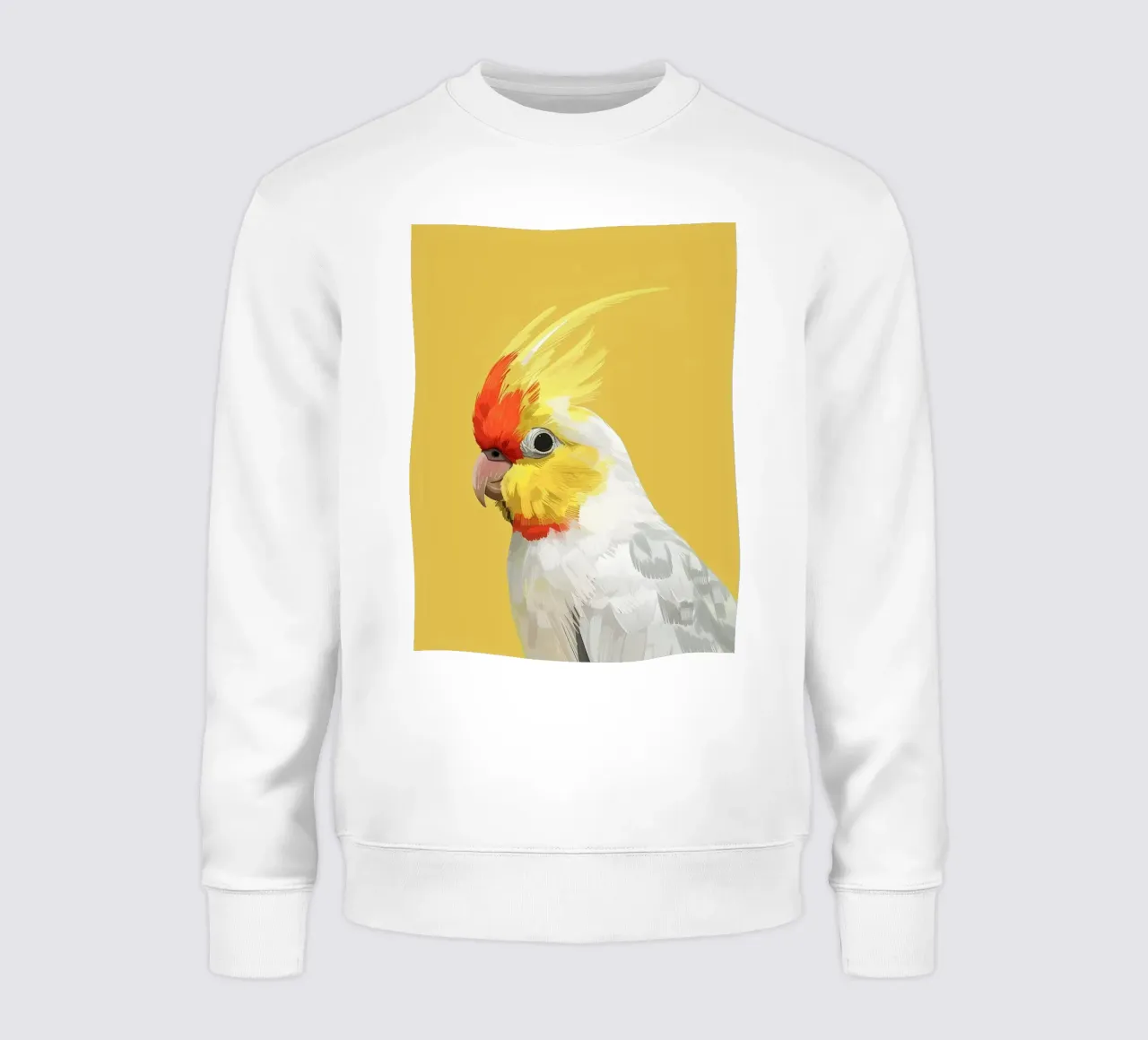 Lutino Cockatiel against a solid yellow background sweatshirt by DesignDoodle