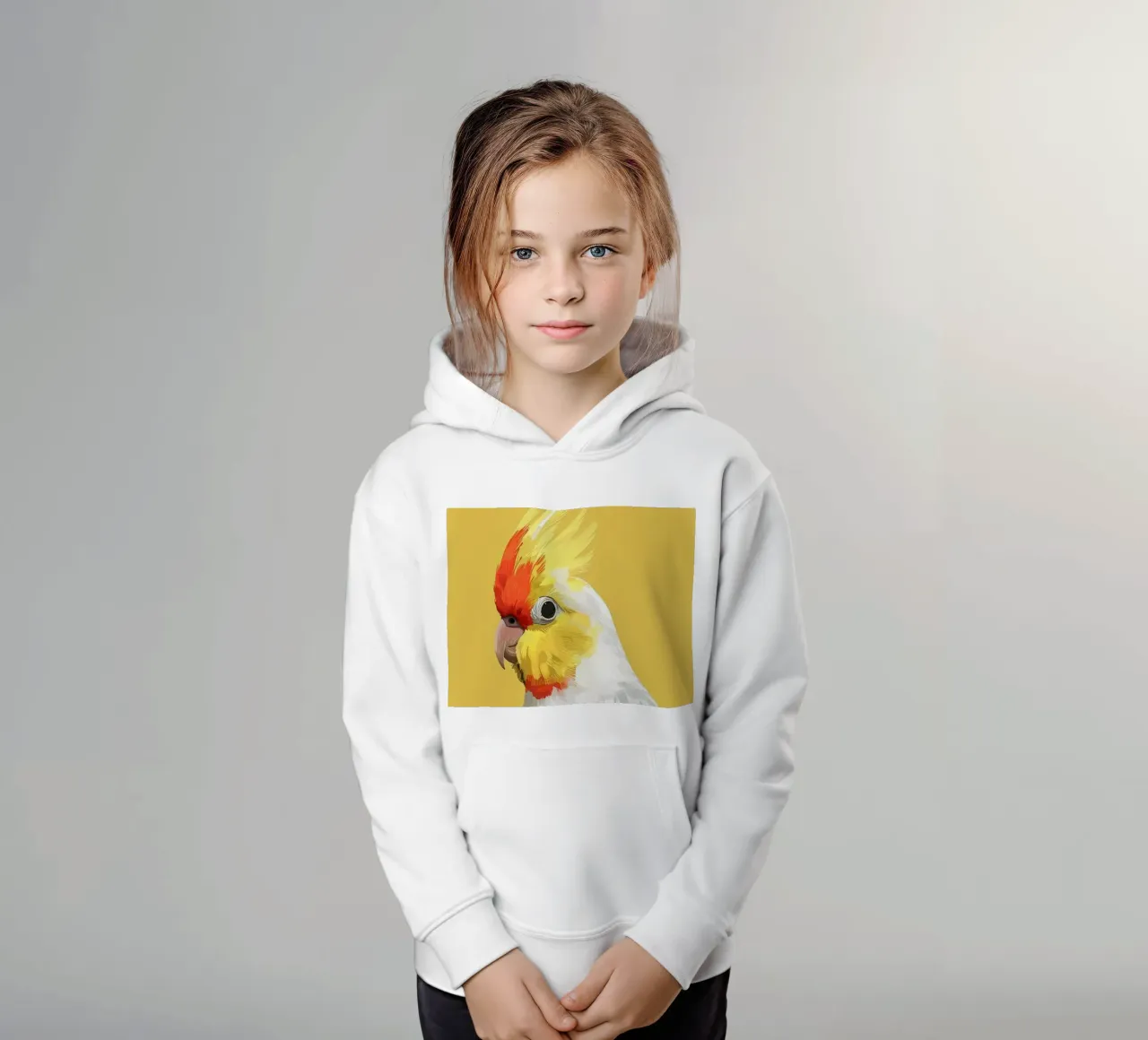 Lutino Cockatiel against a solid yellow background kids hoodie by DesignDoodle