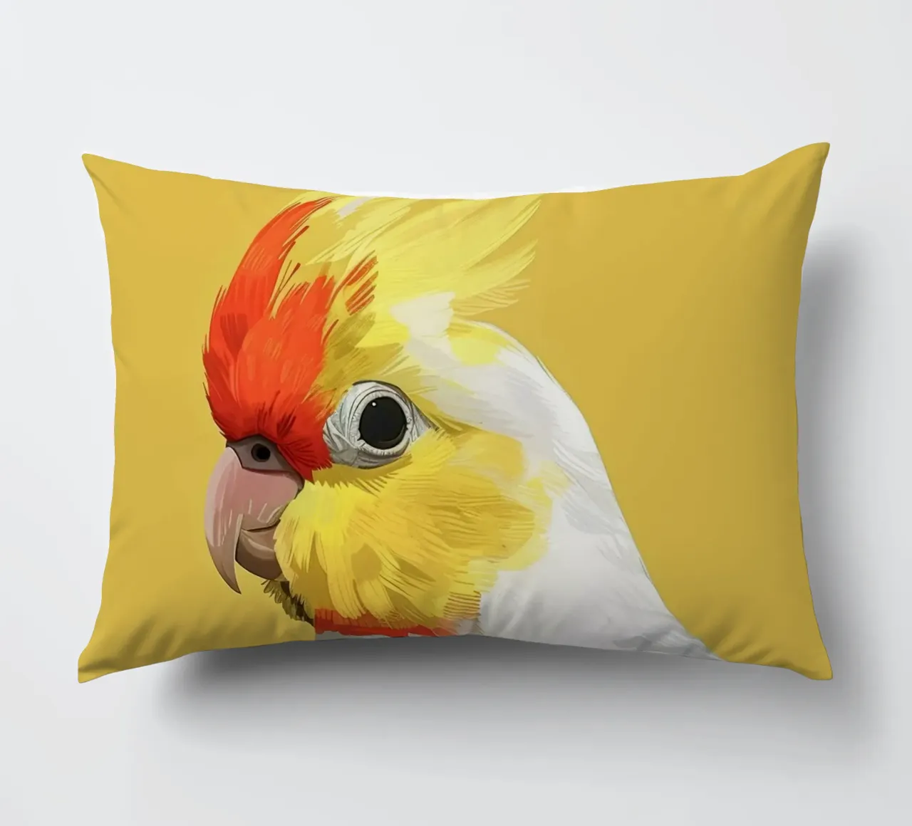 Lutino Cockatiel against a solid yellow background decorative cushion by DesignDoodle