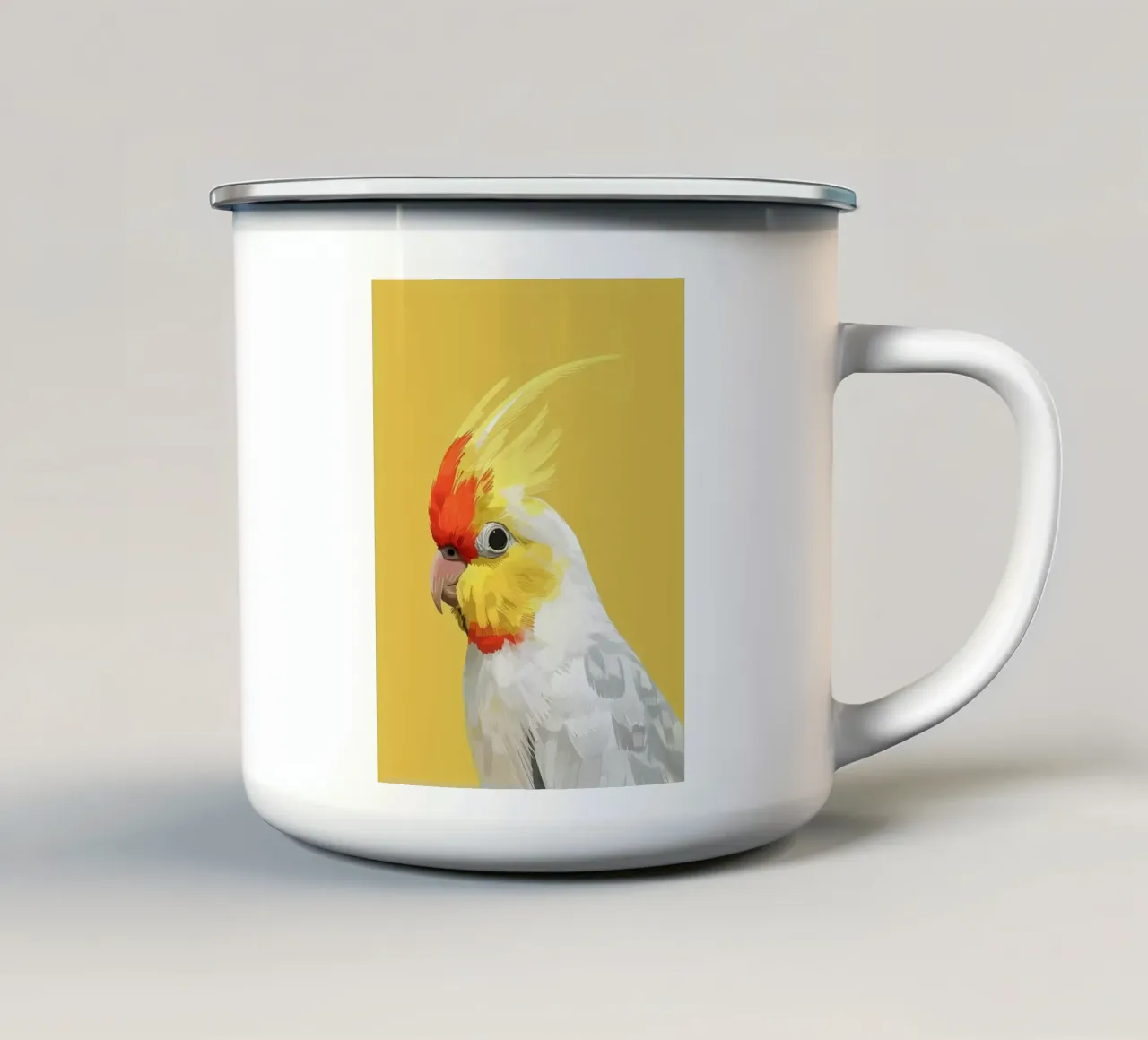 Cacatua lutino su sfondo giallo pieno tazza in smalto da DesignDoodle