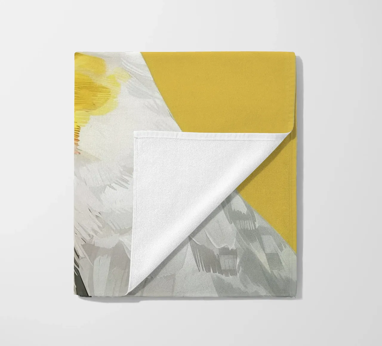 Lutino Cockatiel against a solid yellow background beach towel by DesignDoodle