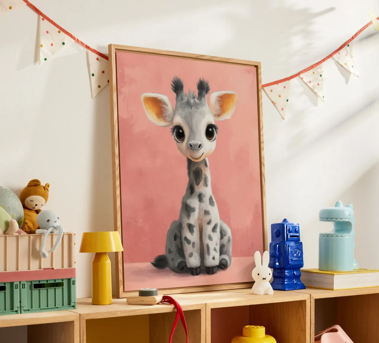 Smiling Baby Giraffe Sitting on Soft Pink Background acrylic glass by Moodwall
