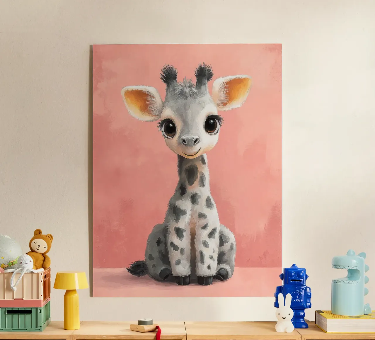 Smiling Baby Giraffe Sitting on Soft Pink Background acrylic glass by Moodwall