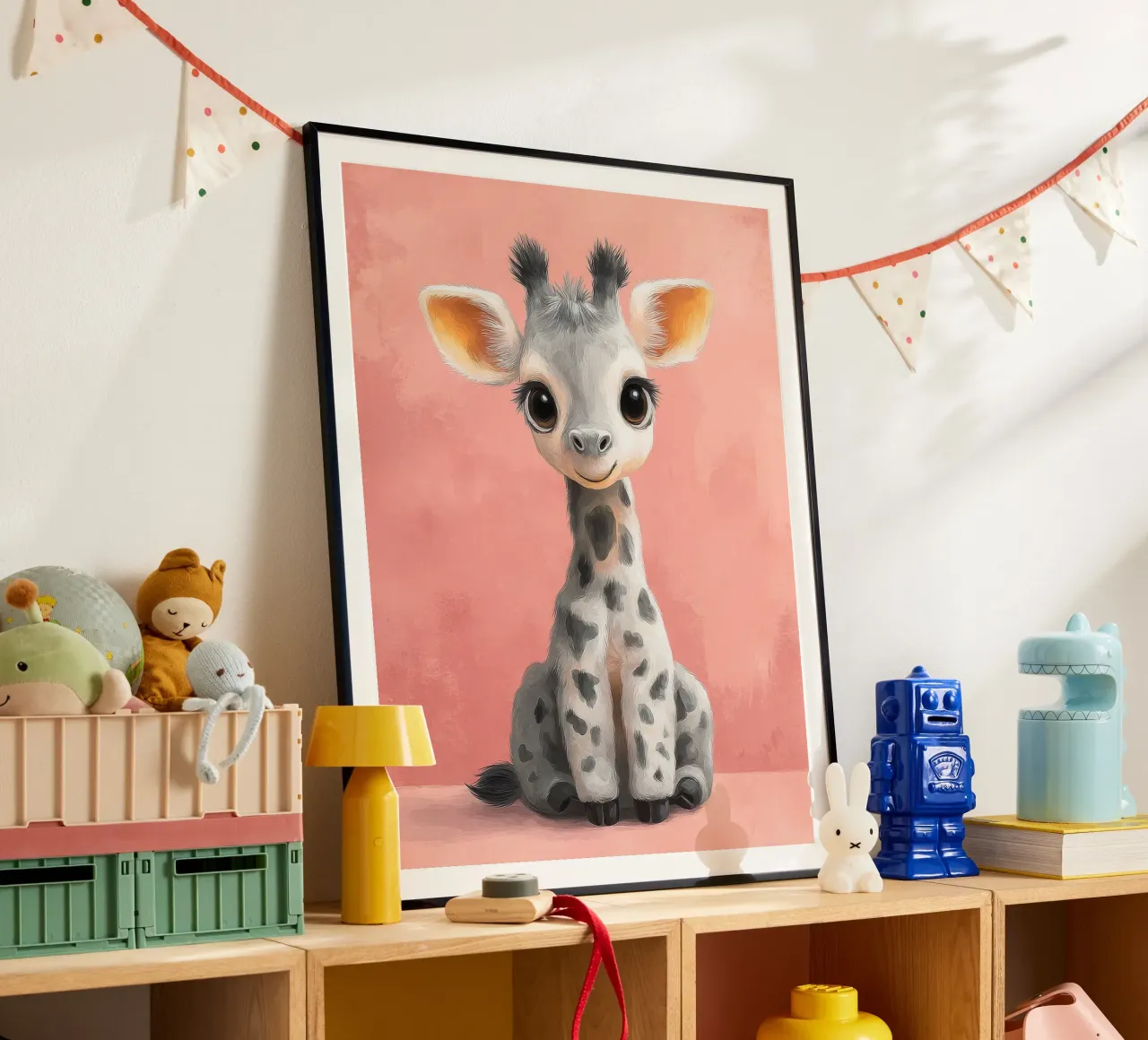 Smiling Baby Giraffe Sitting on Soft Pink Background poster by Moodwall
