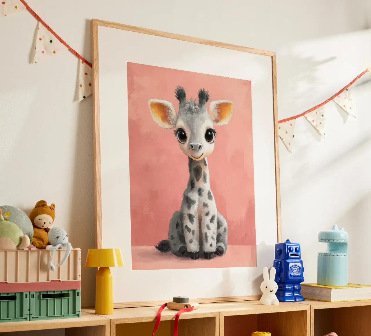 Smiling Baby Giraffe Sitting on Soft Pink Background poster by Moodwall