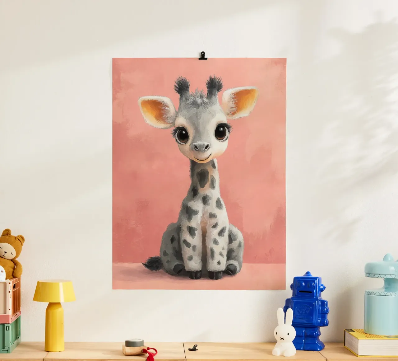 Smiling Baby Giraffe Sitting on Soft Pink Background poster by Moodwall