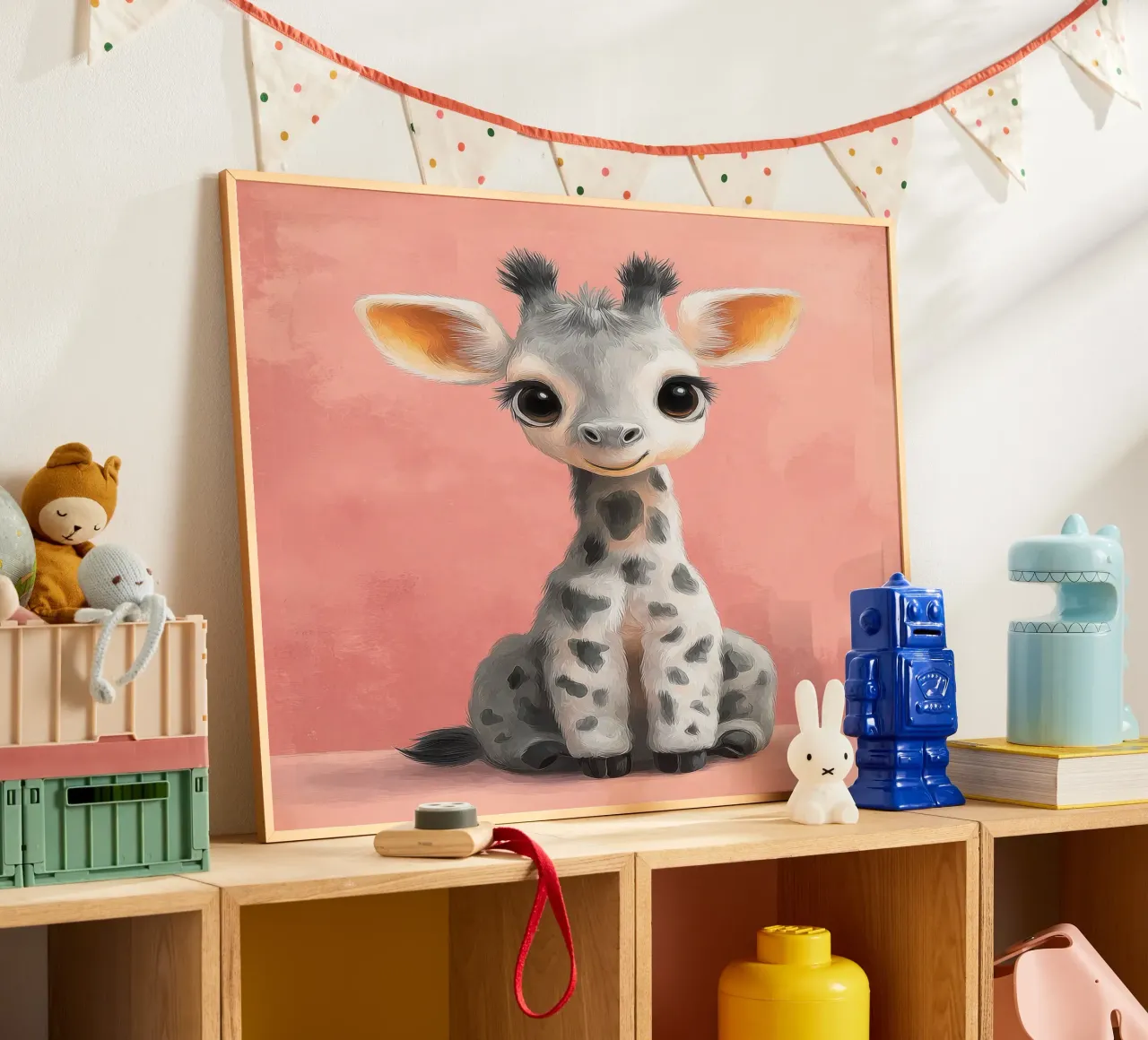 Smiling Baby Giraffe Sitting on Soft Pink Background poster by Moodwall