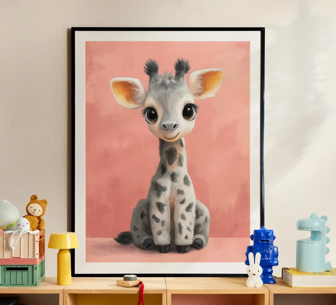 Smiling Baby Giraffe Sitting on Soft Pink Background poster by Moodwall