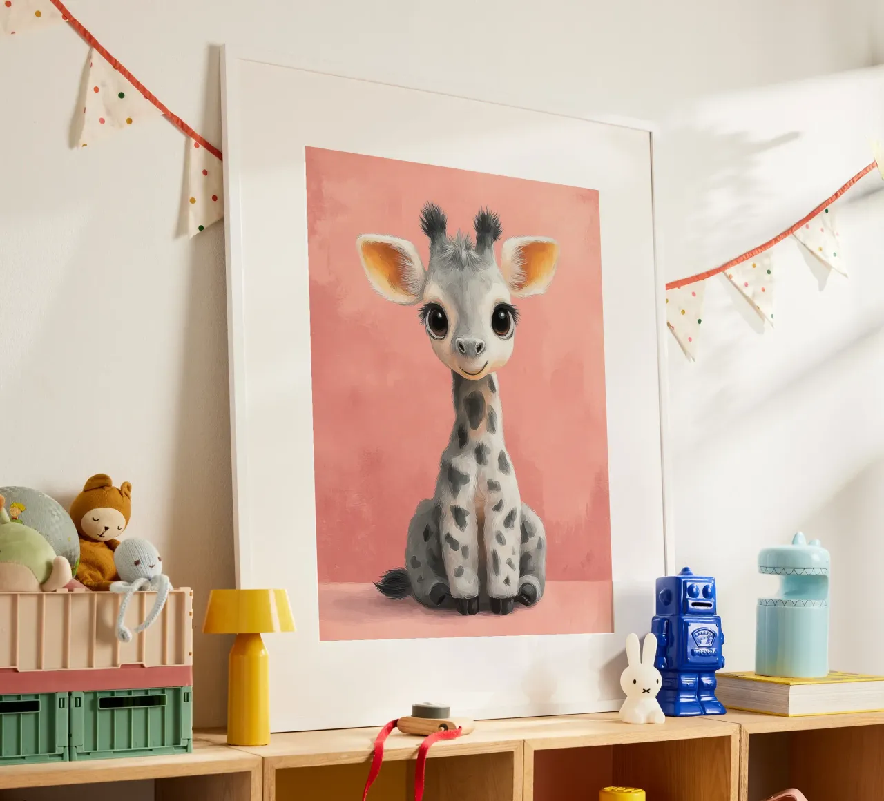 Smiling Baby Giraffe Sitting on Soft Pink Background poster by Moodwall