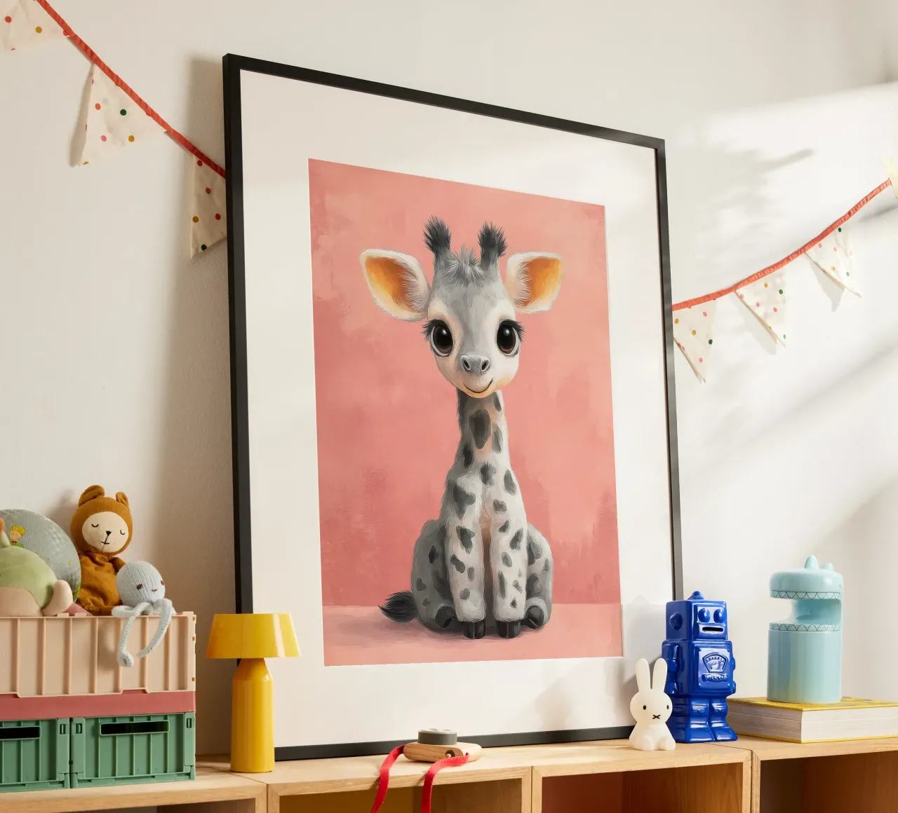 Smiling Baby Giraffe Sitting on Soft Pink Background poster by Moodwall