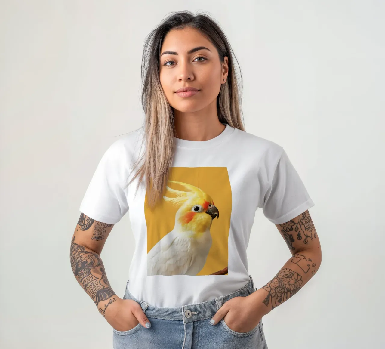 Profilo del pappagallo cacatua dal piumaggio giallo e bianco t-shirt da DesignDoodle