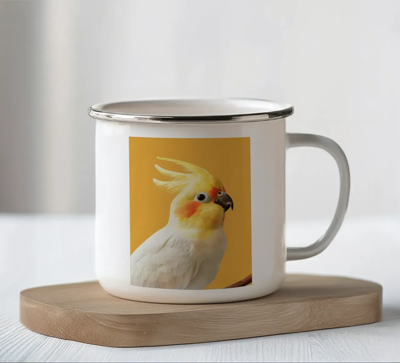 Profilo del pappagallo cacatua dal piumaggio giallo e bianco tazza in smalto da DesignDoodle