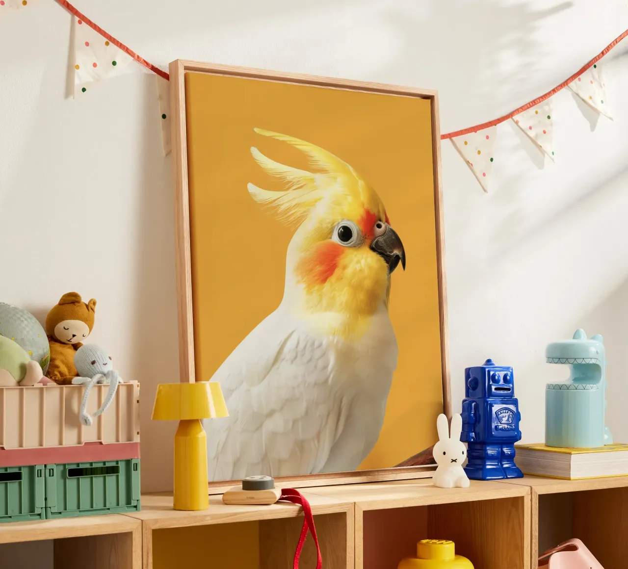 Profilo del pappagallo cacatua dal piumaggio giallo e bianco tela con Cornice a cassetta da DesignDoodle