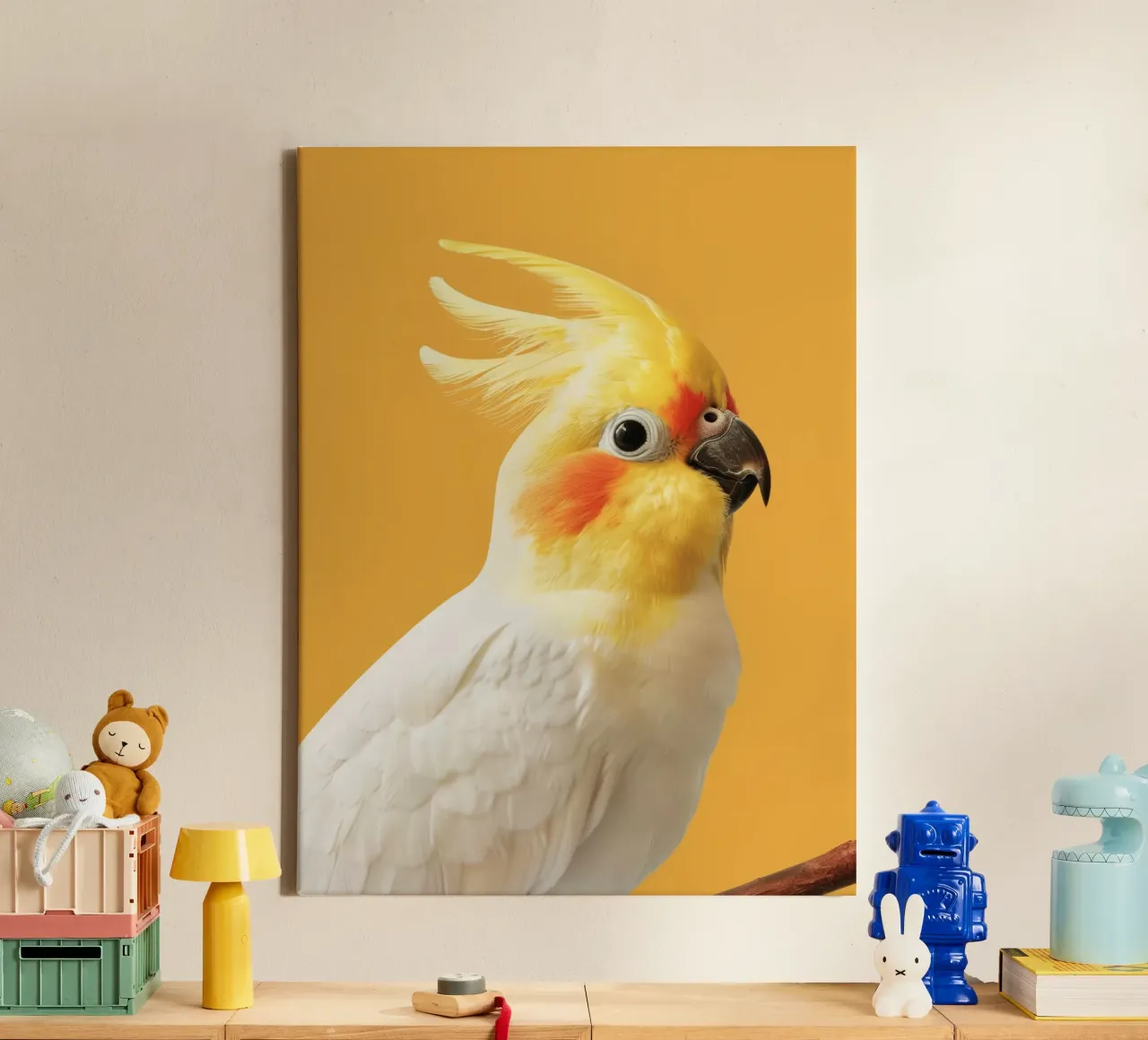 Profilo del pappagallo cacatua dal piumaggio giallo e bianco tela con Cornice a cassetta da DesignDoodle